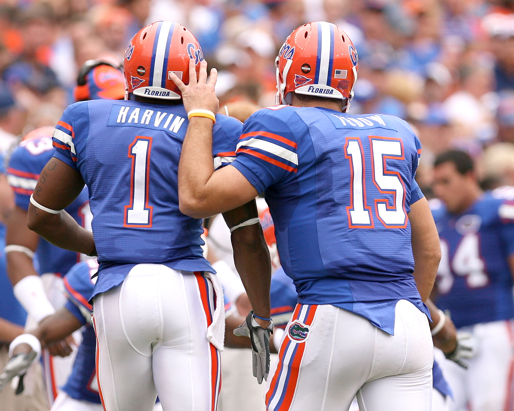 Tim Tebow congratulates Percy Harvin on scoring a touchdown during a game against Kentucky in October 2008.