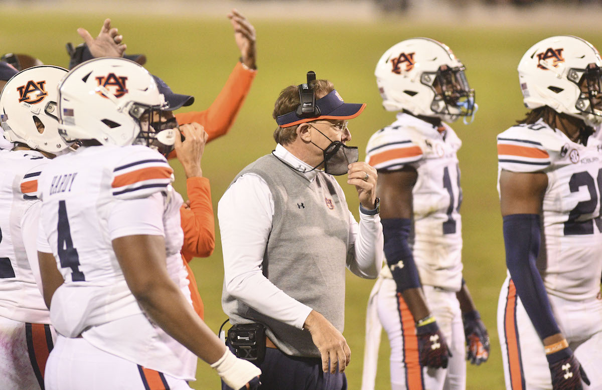 Gus Malzahn coaches the Auburn football team during a game against Mississippi State in 2020.