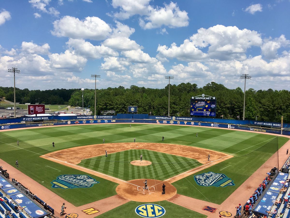 SEC logo on baseball field.