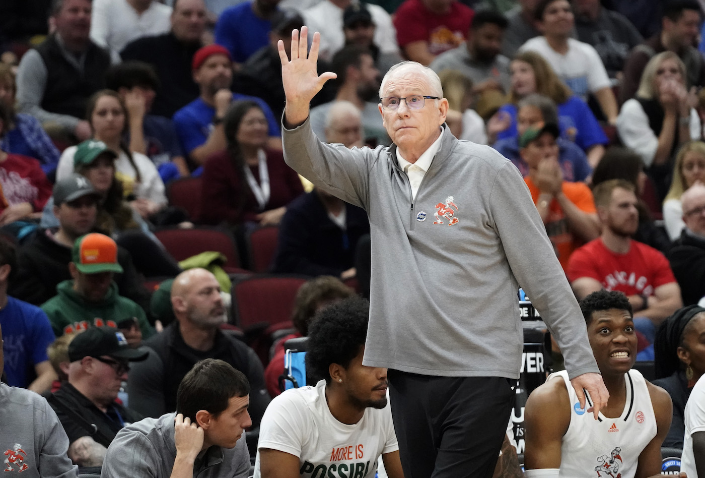 Jim Larranaga on the sidelines during a Miami basketball game.