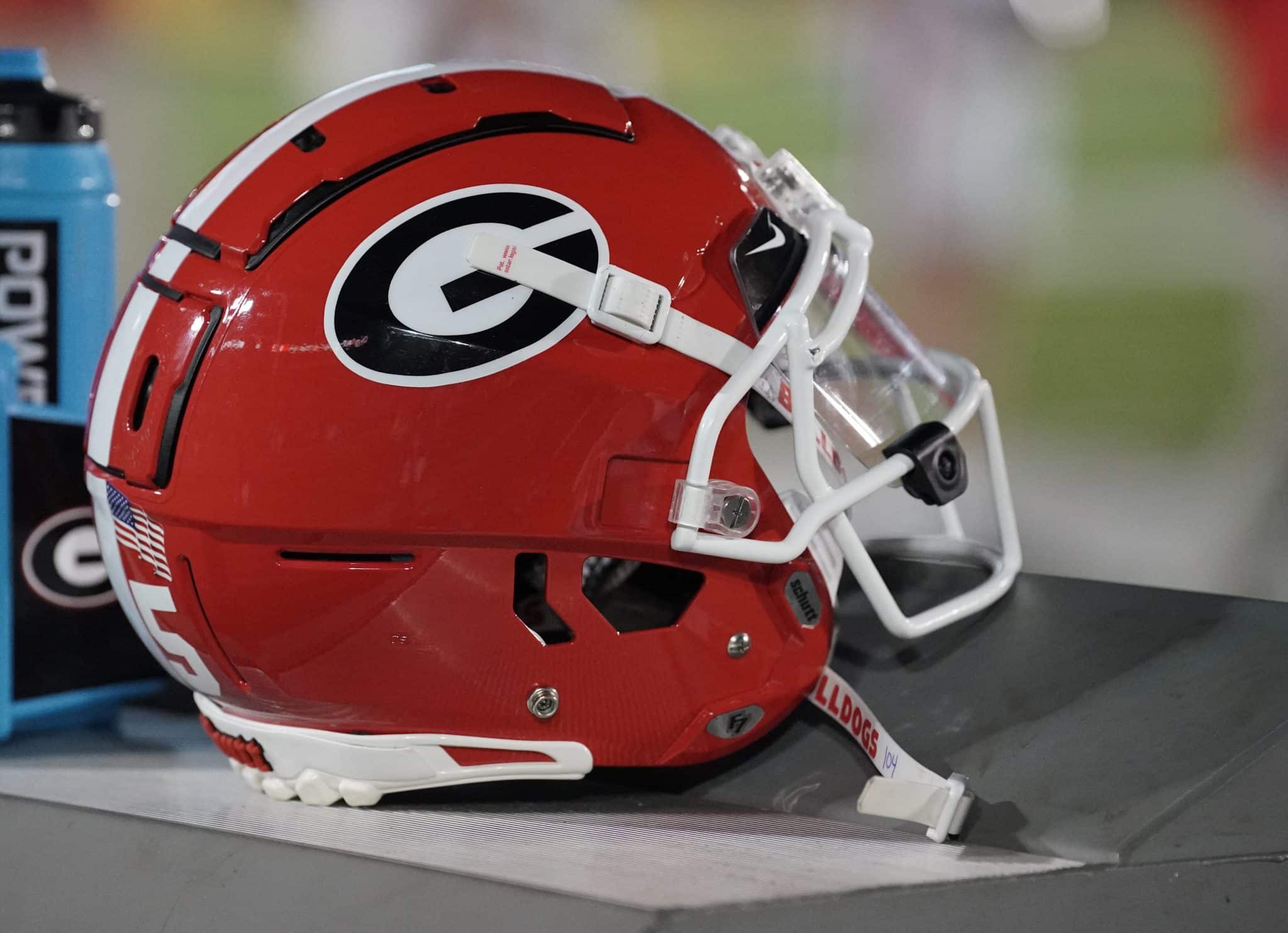 A Georgia helmet on the sidelines.