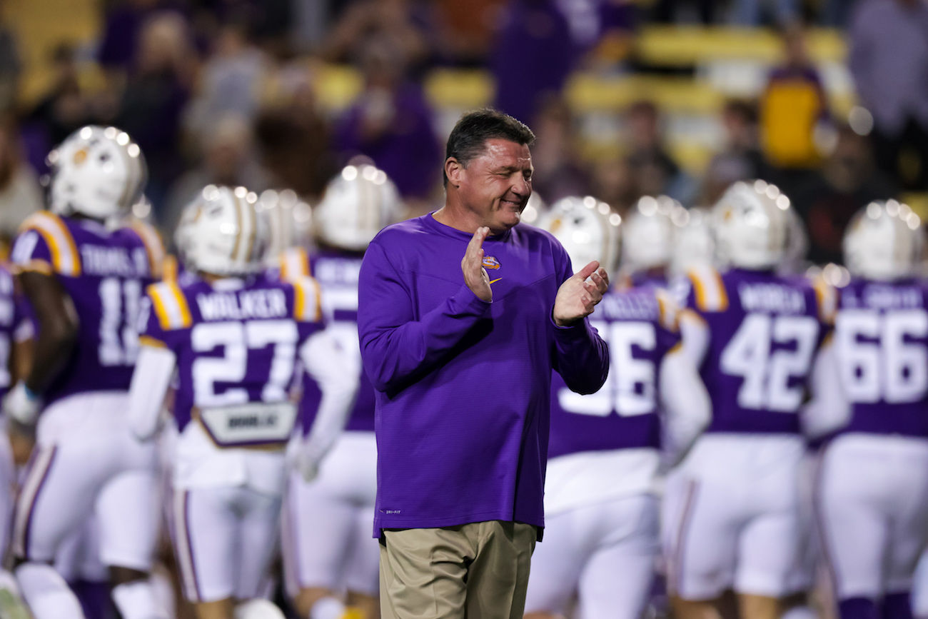Ed Orgeron guides his LSU team during a game against ULM during the 2021 season.