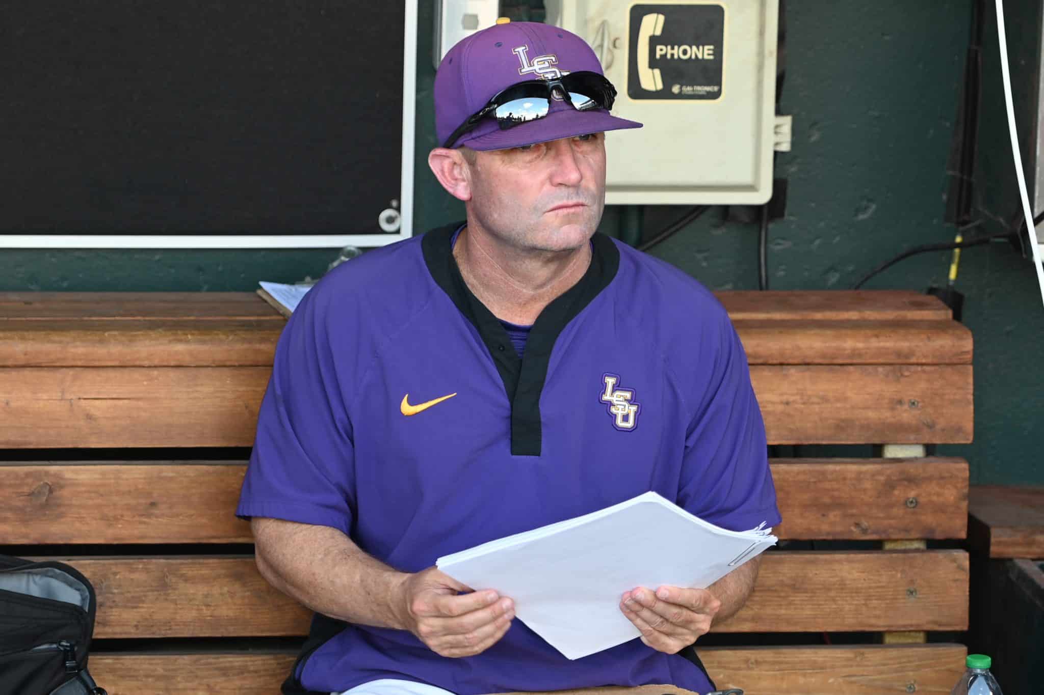 LSU head coach Jay Johnson shown in the dugout.
