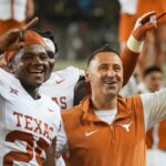Texas head coach Steve Sarkisian celebrates.