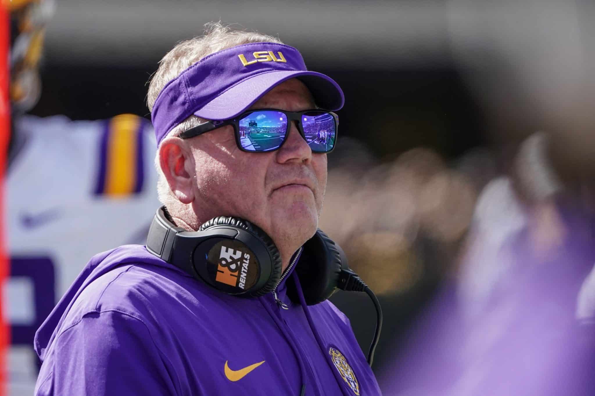 LSU head coach Brian Kelly watches as his team takes on Missouri in 2023.
