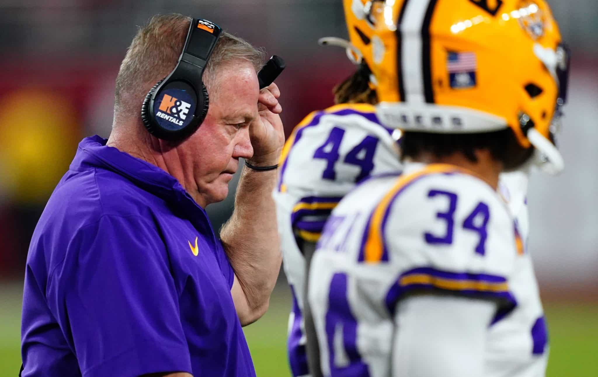 Brian Kelly looks on during an LSU game against Alabama in Tuscaloosa in 2023.