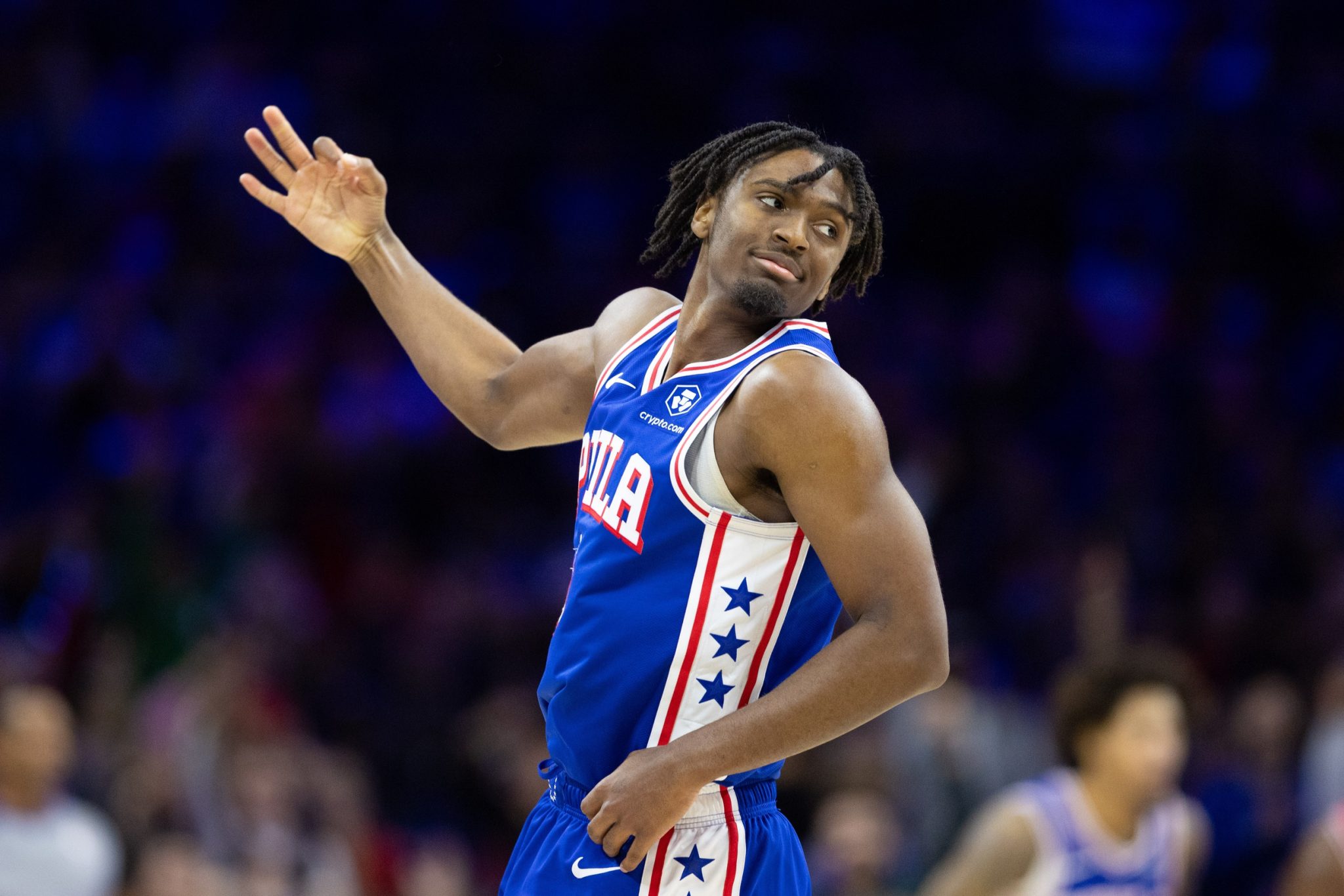 Tyrese Maxey reacts after hitting a 3-pointer.