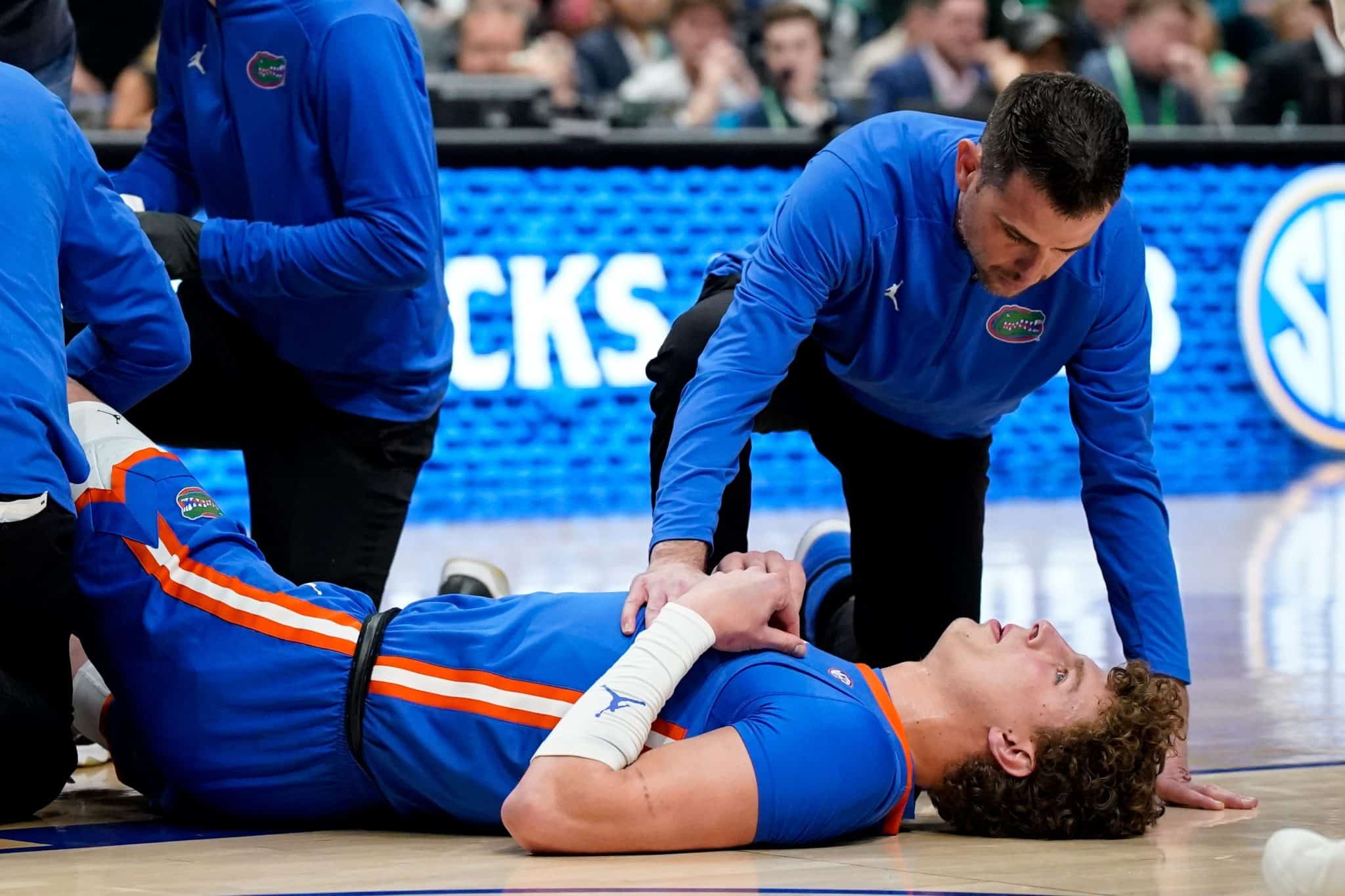 Micah Handlogten after suffering an injury.