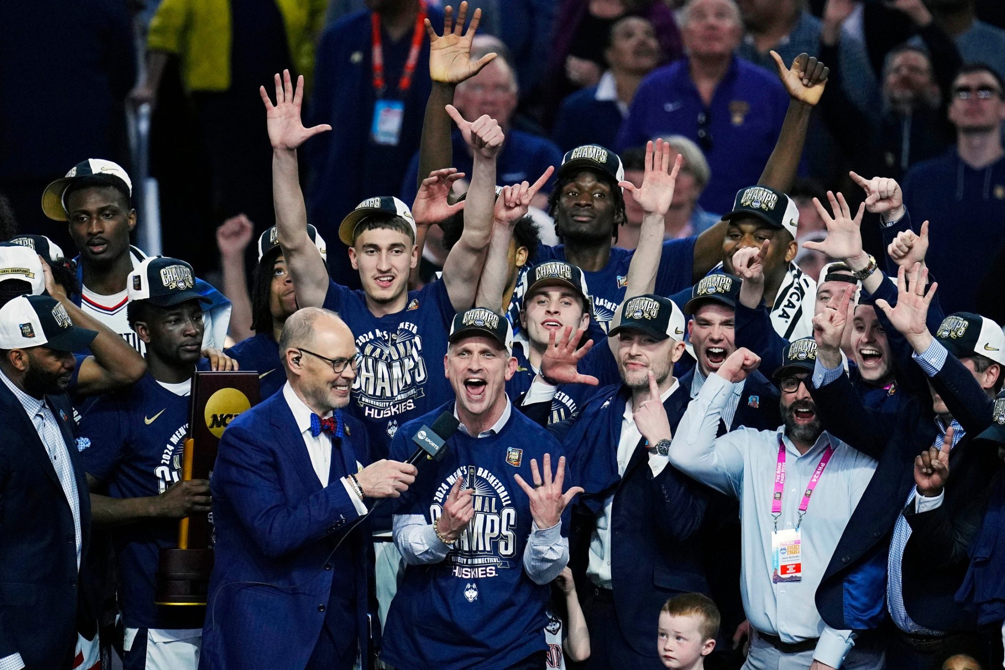 UConn celebrates the 2024 NCAA Tournament championship.