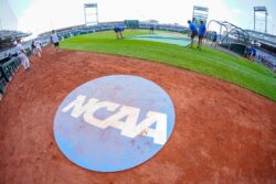 NCAA baseball logo in Omaha for the College World Series.