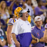 LSU head coach Brian Kelly stands on the sidelines during the Tigers' game against Army on Oct. 21, 2023.