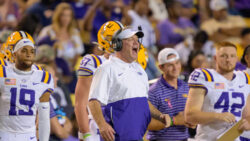 LSU head coach Brian Kelly stands on the sidelines during the Tigers' game against Army on Oct. 21, 2023.