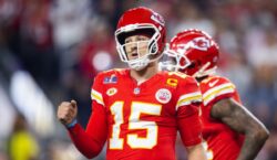 Patrick Mahomes of the Kansas City Chiefs celebrates after a play in the Super Bowl against the San Francisco 49ers.