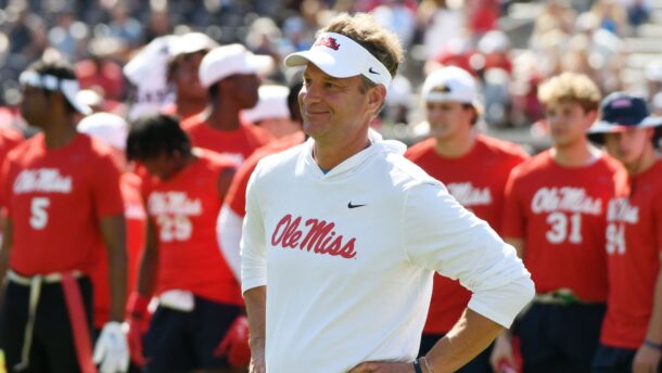 Ole Miss head coach Lane Kiffin watches the 2024 Grove Bowl Games in Oxford, Mississippi.