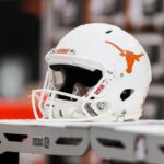 A close-up look at a Texas Longhorns football helmet.