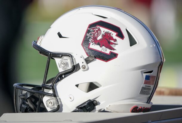 A close-up look of a South Carolina Gamecocks football helmet.