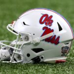 A close-up look at an Ole Miss football helmet.