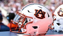 A close-up look at an Auburn football helmet.