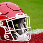 A close-up look at an Arkansas Razorbacks football helmet.