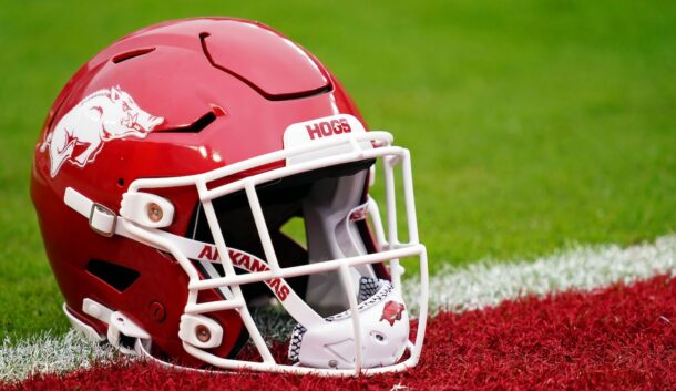 A close-up look at an Arkansas Razorbacks football helmet.
