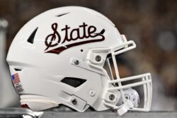 A close-up look at a Mississippi State football helmet.