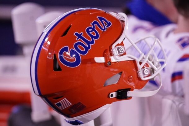 A Florida football helmet ahead of a game against Missouri in 2023.