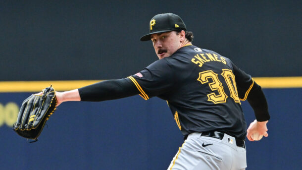 Paul Skenes throws a pitch during his rookie year.