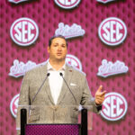 Jeff Lebby speaks during his first SEC Media Days appearance as Mississippi State's head coach in 2024.
