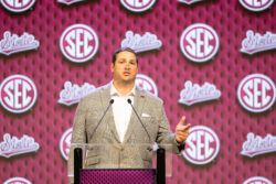 Jeff Lebby speaks during his first SEC Media Days appearance as Mississippi State's head coach in 2024.