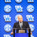 Mark Stoops shown at a press conference.