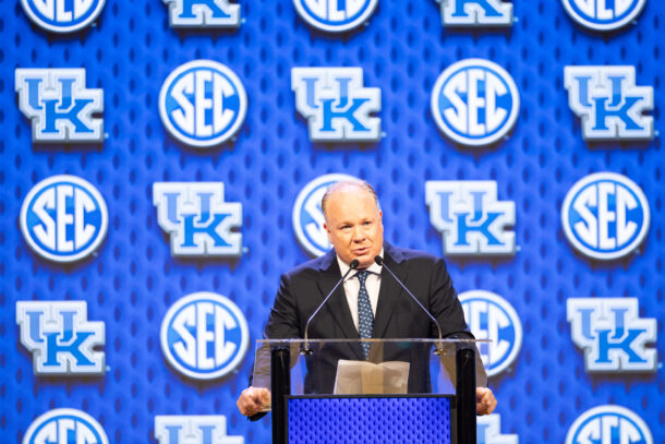 Mark Stoops shown at a press conference.