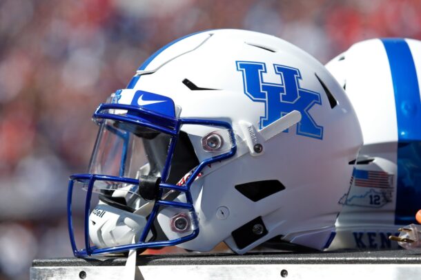A close-up look at a Kentucky Wildcats football helmet.