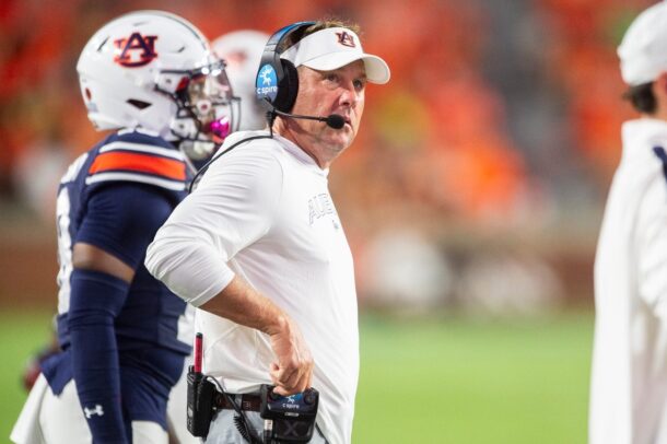 Hugh Freeze coaches during a game in 2024.