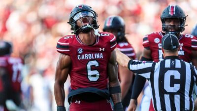 Dylan Stewart celebrates a sack against Old Dominion.