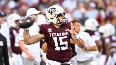 Conner Weigman throws a pass for Texas A&M