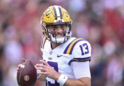 LSU QB Garrett Nussmeier warms up for the Tigers' game at South Carolina.