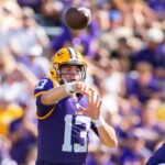 LSU quarterback Garrett Nussmeier attempts a pass.