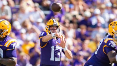 LSU quarterback Garrett Nussmeier attempts a pass.