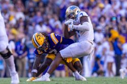 LSU's Harold Perkins makes a tackle against UCLA on Saturday in Baton Rouge.