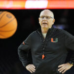 Jim Larranaga during a practice sessions before the 2023 Final Four.