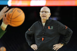 Jim Larranaga during a practice sessions before the 2023 Final Four.