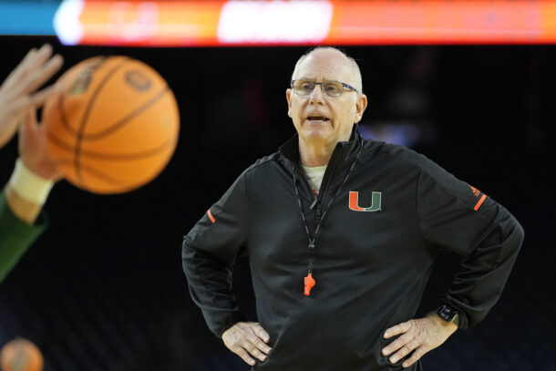 Jim Larranaga during a practice sessions before the 2023 Final Four.