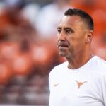 Texas coach Steve Sarkisian watches as the Longhorns warm up before a game against Louisiana-Monroe in 2024.