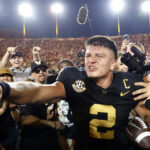 Diego Pavia celebrates Vanderbilt's win over Alabama.