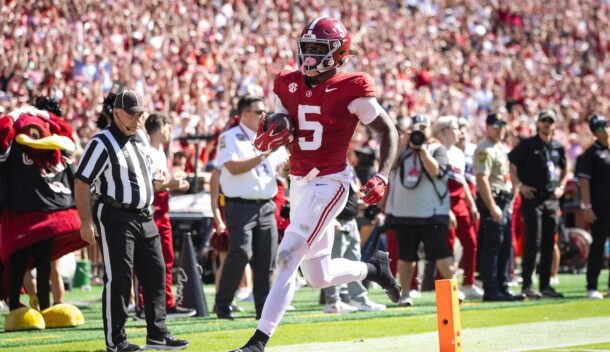 Alabama WR Germie Bernard scores a touchdown against South Carolina.