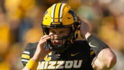 Brady Cook surveys the field during Mizzou's come-from-behind win over Auburn.