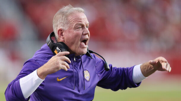 Brian Kelly coaches during LSU game.
