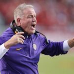 Brian Kelly during the LSU vs. Arkansas game in 2024