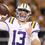 Garrett Nussmeier attempts a pass during an LSU game.