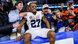 Jarquez Hunter celebrates with fans after an incredible performance in Auburn's win at Kentucky.
